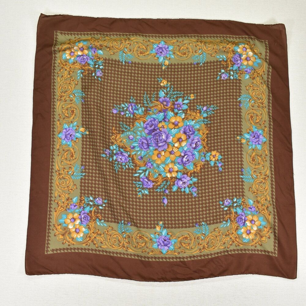 Vintage Brown Purple Foral Scarf 30" x 30" Made in Italy Solid Edges